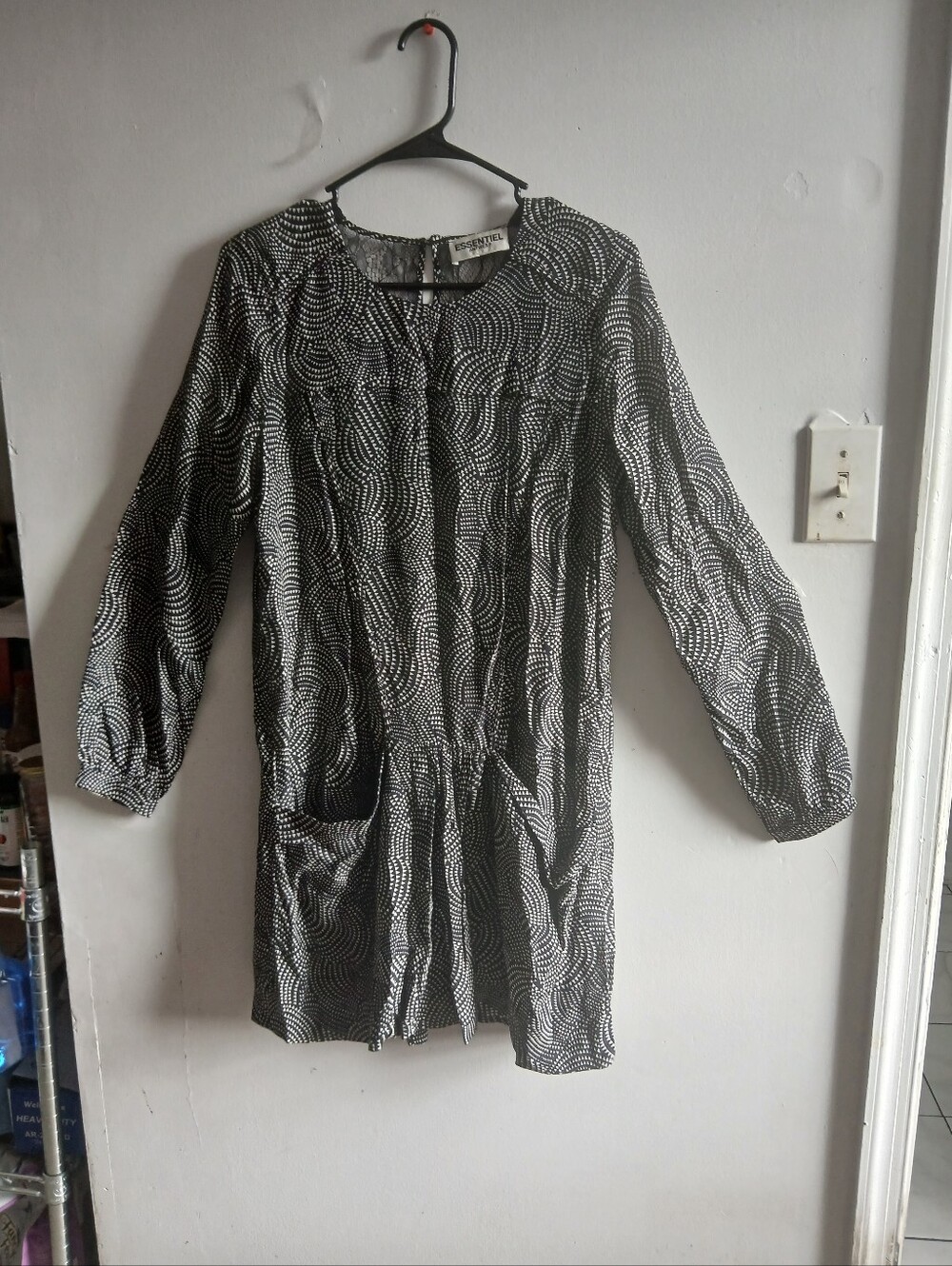 Essentials Black and White Swirl Printed Long Sleeve Dress